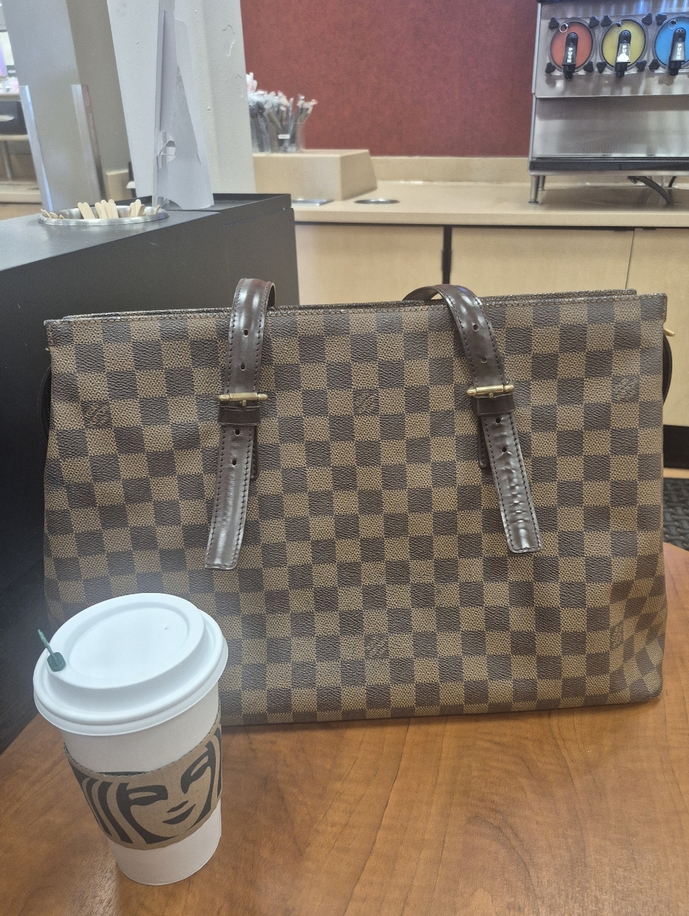 Louis Vuitton Brown Damier Checkered Tote with Dark Brown Straps